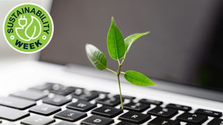 Plant growing out of a laptop keyboard with a Sustainability Week logo superimposed